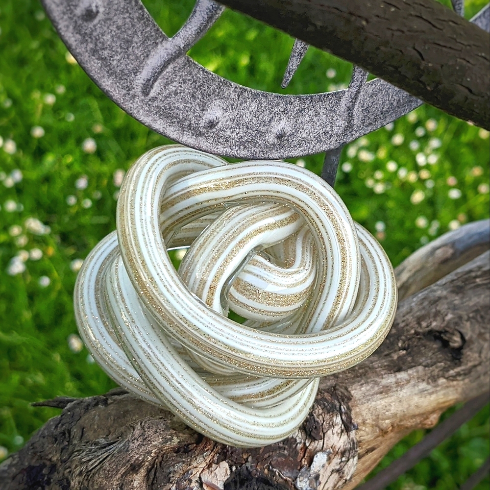 *SOLD* Art Glass Rope Knot hand-blown white & gold glitter abstract glass decor